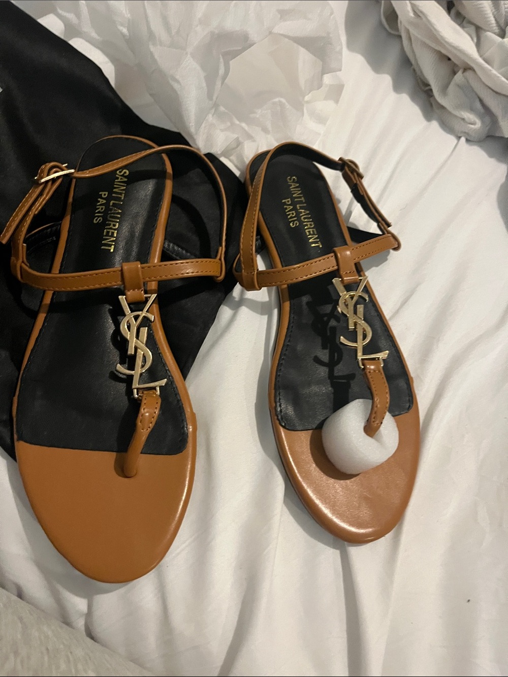 Saint Laurent Brown Leather YSL Logo T-Strap Sandals